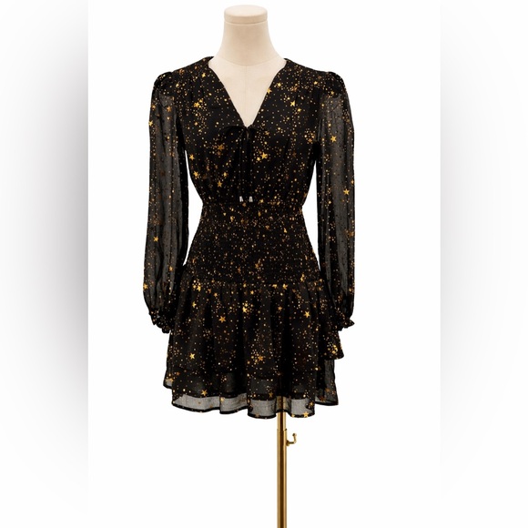 AQUA Star Print Smocked Black & Gold Star Print Smocked Mini Dress Long Sleeve - Picture 3 of 17